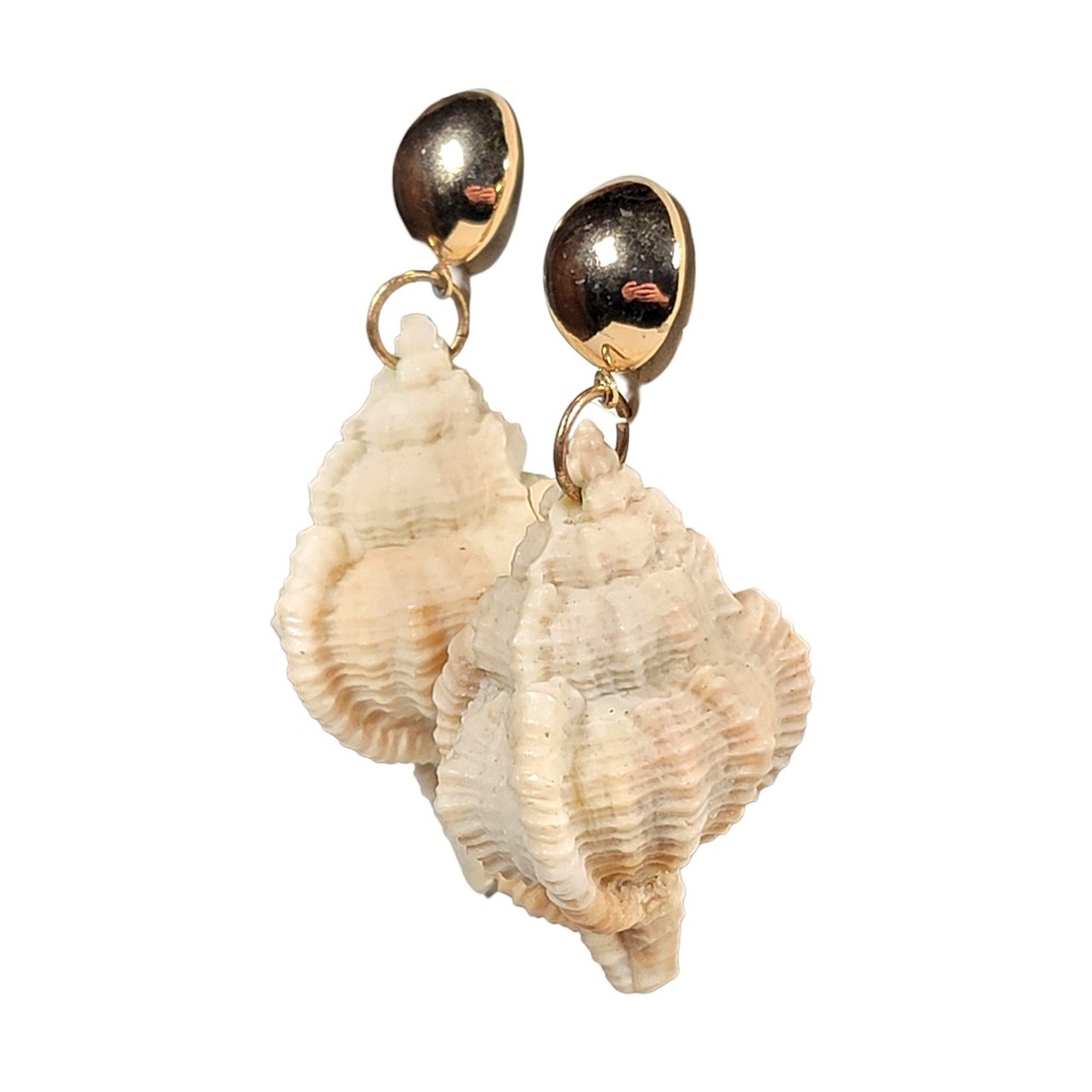 VTG‎ 80s Faux Murex Sea Shell Statement Earrings Gold Tone Stud Dangle Coastal